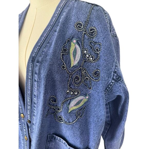 Vintage Embroidered Denim Jean Jacket Boho Chic Whimsical Artisnal Streetwear - Picture 6 of 15